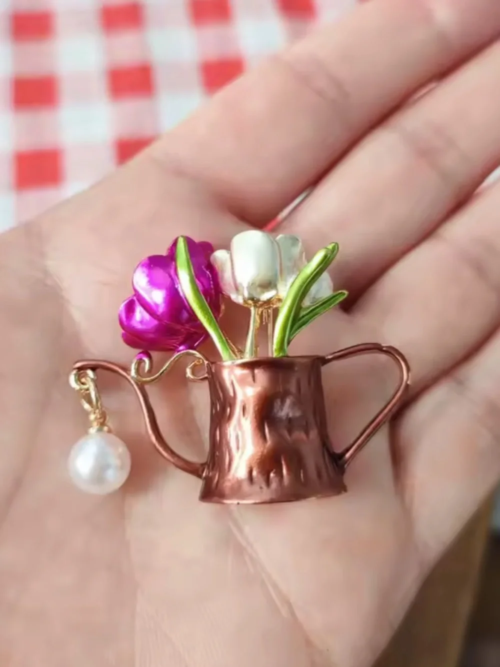 Floral Watering Can Gold Tulip Pearl Cute Chic Brooch
